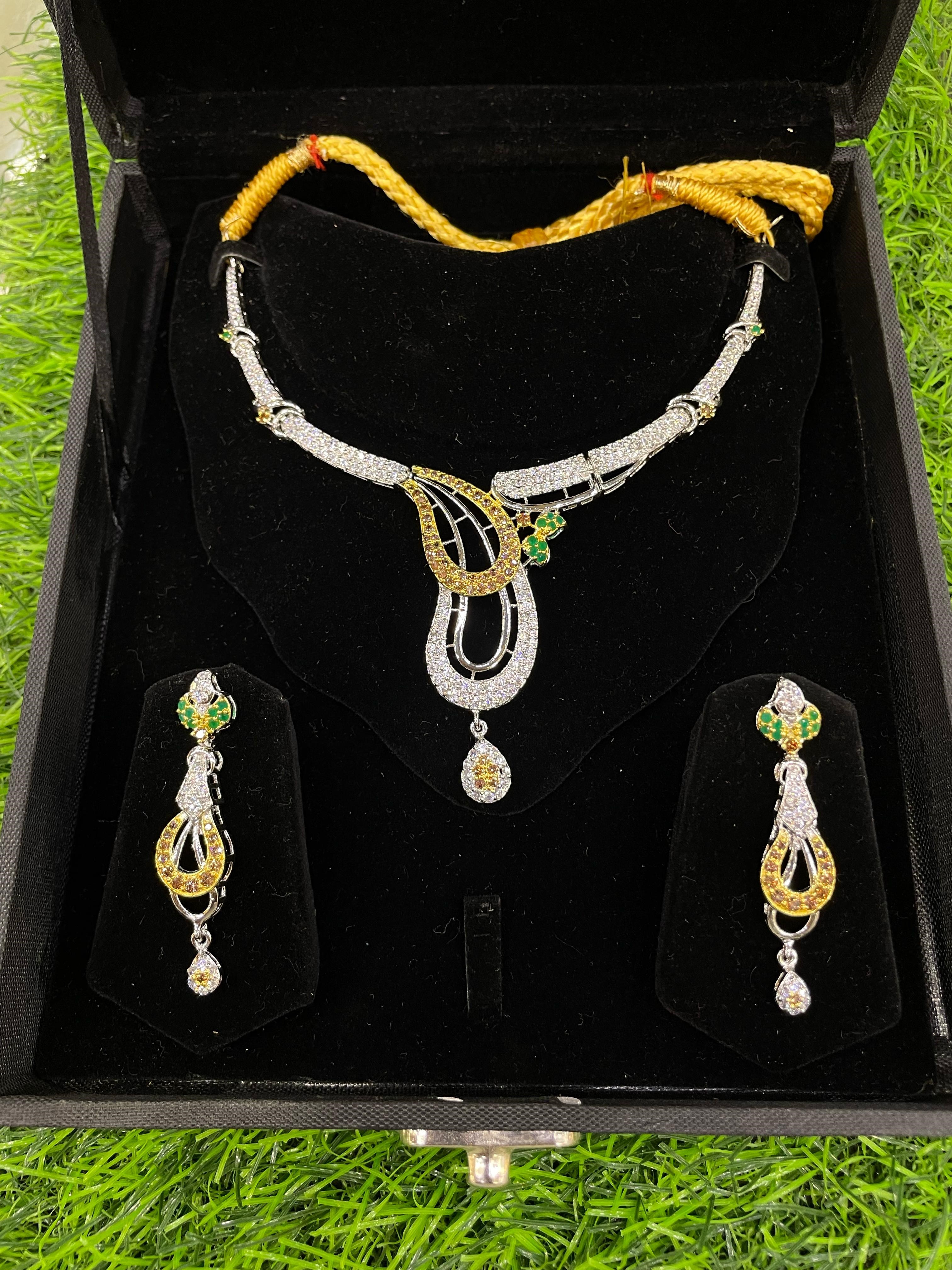 Silver white polish/ silver gold plated bridal necklace set